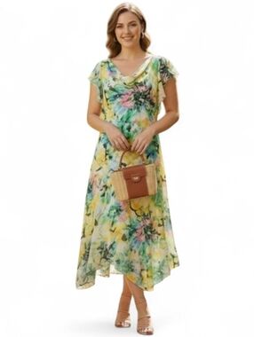 Vintage 90's Asymmetrical Sharkbite Chiffon Floral Midi Dress SZ 10/12